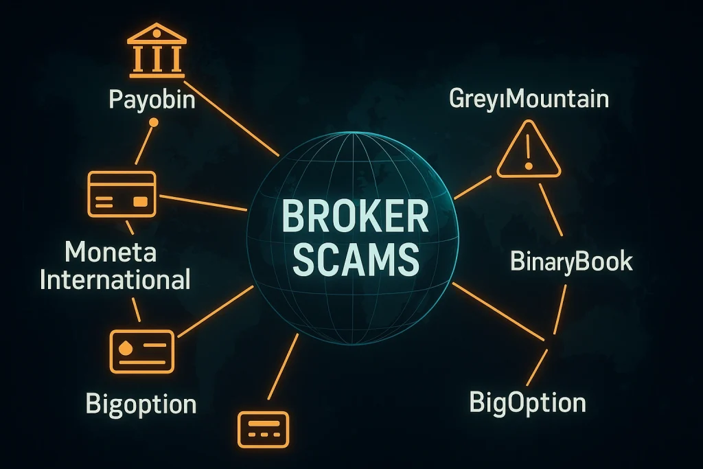Broker Scams and Payment Service Providers: The Cases of BinaryBook, GreyMountain, and Payobin