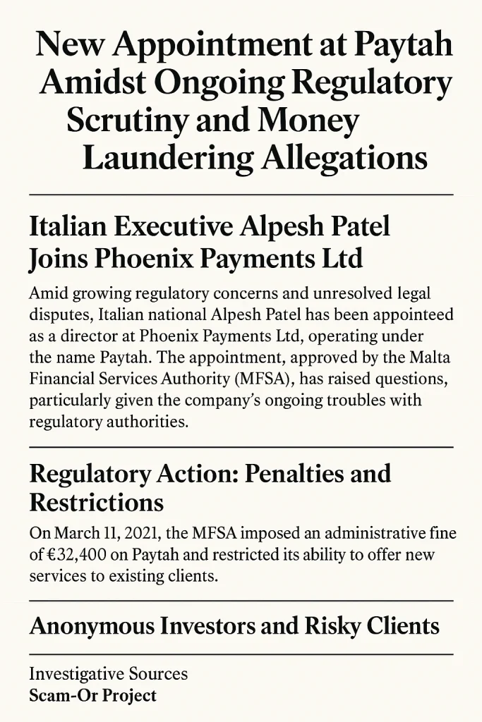 New Appointment at Paytah Amidst Ongoing Regulatory Scrutiny and Money Laundering Allegations
